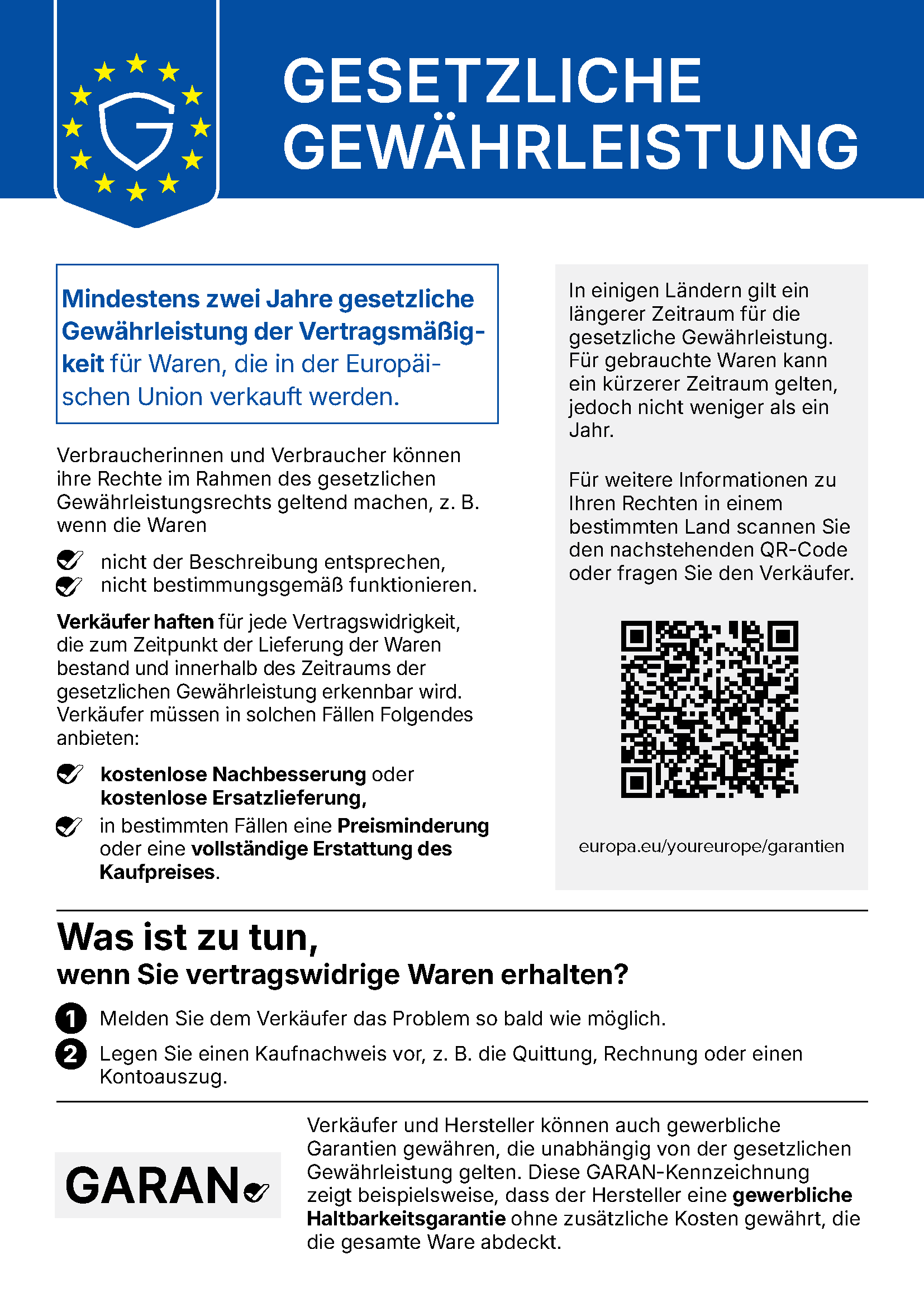 EU-Hinweis: Gesetzliche Gewährleistung. Mindestens zwei Jahre gesetzliche Gewährleistung für Waren, die in der Europäischen Union verkauft werden.